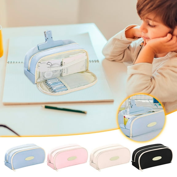 Canvas Pen Case Double Layer Double Window Organizer | Multifunctional Stationery Pouch | Zipper Closure | Scratch Resistant | 22.5 x 9 x 11 cm | Blue Pink Beige Black