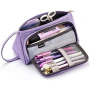 Canvas Pencil Pouch with Handle, Extra Large Capacity Storage Organizer Pen Pencil Makeup Zipper Bag Fabric Cute Simple for Stationery, School Supplies, Cosmetics by GMYLE (Triangle Purple)