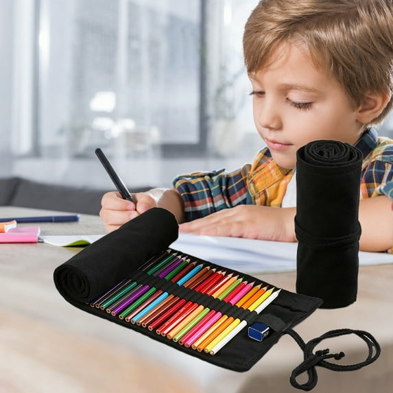 Canvas Pencil Roll Organizer | 24-Slot Roll-Up Holder for Colored Pencils, Markers, Brushes | Elastic Bands Secure Tools | Fits Erasers | Portable Black | 7.87 x 3.15 in | 1 Pc