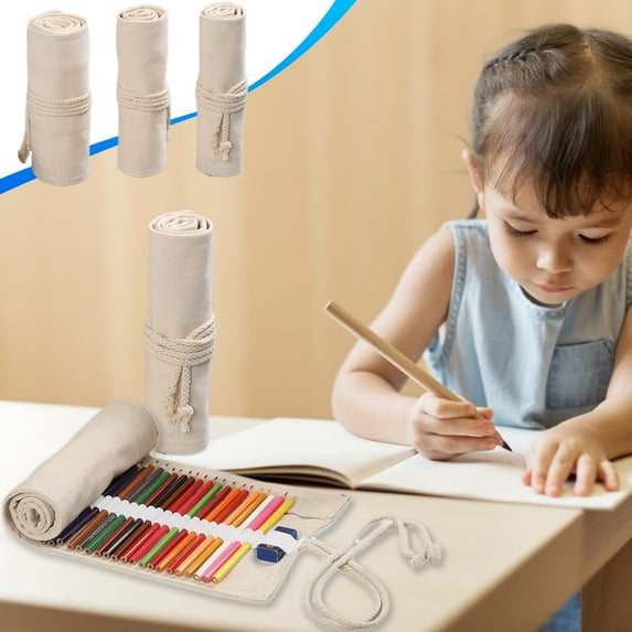 Canvas Pencil Wrap Organizer Roll-Up Case | Durable Beige Travel Pouch | Elastic Slots for Colored Pencils, Markers, Brushes, Erasers | Portable 20x15x1cm | Lightweight 120g | Secure Drawstring
