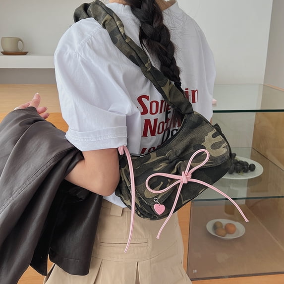 Canvas Pleated Bow Multi-Pocket Baguette Crossbody Shoulder Bag for Women and Girls, Minimalist Zipper Purse with Color-Block Stitching in Camo Green for Daily Commute