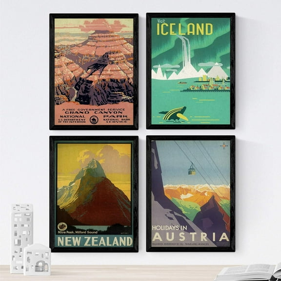 Canvas Poster Canvas Unframed Posters Vintage. Posters Advertising The World. Four Vintage Sheets of Mountains and Rivers. A3 Size