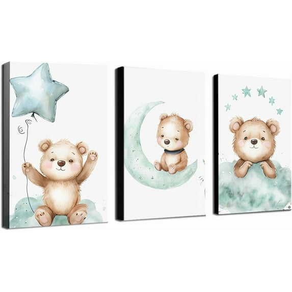 Canvas Poster Children's Room Wall Painting Set Watercolor Animal Theme Giraffe Bear Elephant Illustration Dream Sky Baby Room Decoration Three-piece Set Artwork Baby Space