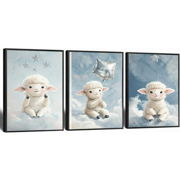Canvas Poster Children's Room Wall Painting Set Watercolor Animal Theme Giraffe Bear Elephant Illustration Dream Sky Baby Room Decoration Three-piece Set Artwork Baby Space