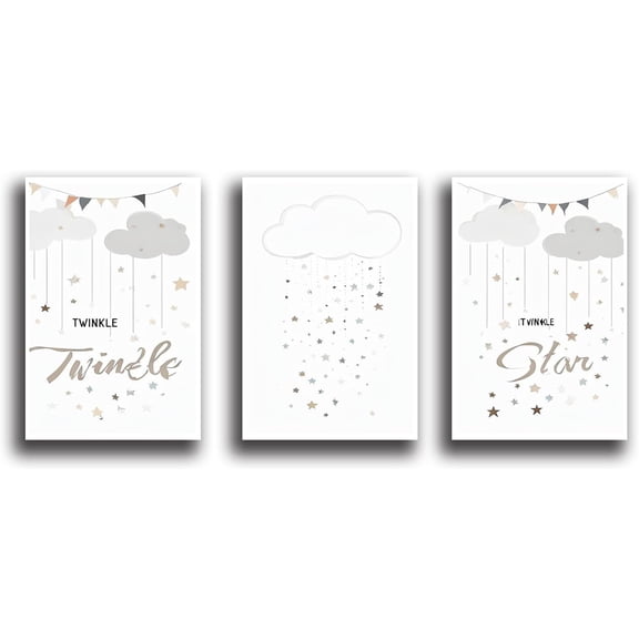 Canvas Poster Children's Room Wall Painting Set Watercolor Animal Theme Giraffe Bear Elephant Illustration Dream Sky Baby Room Decoration Three-piece Set Artwork Baby Space