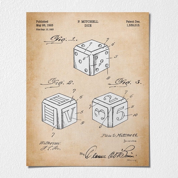 Canvas Poster -Lucky Wall Art, Patent Dice Poster Print, Ready To Hang No Frame Poster, p2321-16x20