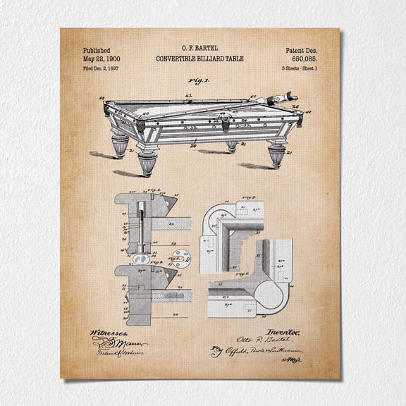 Canvas Poster -Pool Room Décor, Billiards Gifts, Billiard Table Patent Poster Print, Ready To Hang No Frame Poster, p2611-16x20