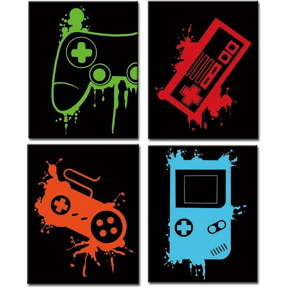 Canvas Poster Video Game Art Print, Watercolor Gaming Themed Poster Set of 4 (8"x10",Unframed)-Perfect for Kids Boy Bedroom Decoration
