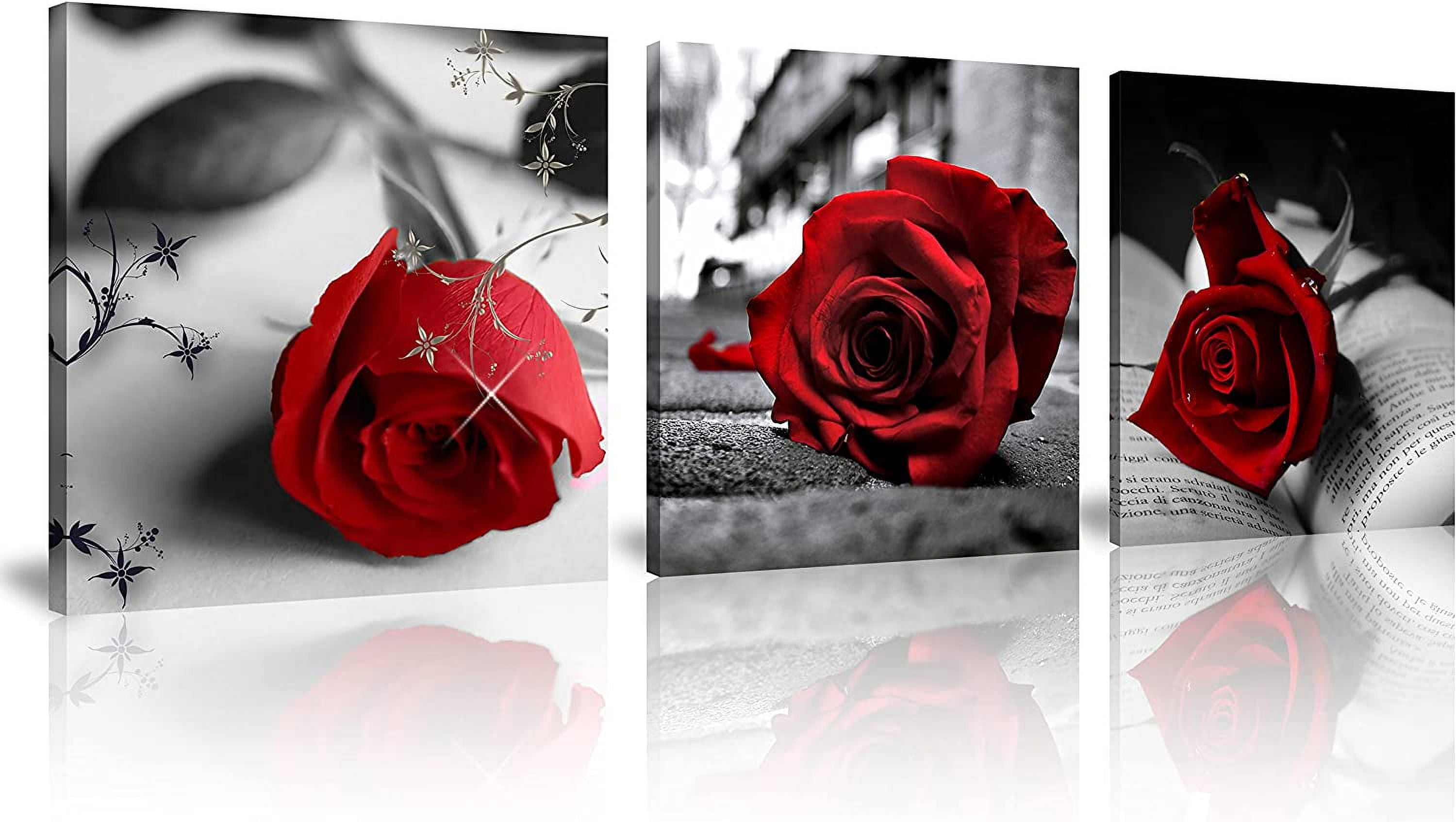 Canvas Print 3 Pcs Black and White Red Rose Canvas Art Painting Abstract Wall Art Decorations Flower Picture on Canvas for Home Decor Stretched and Framed (16X16inchX3pcs, A-Rose)