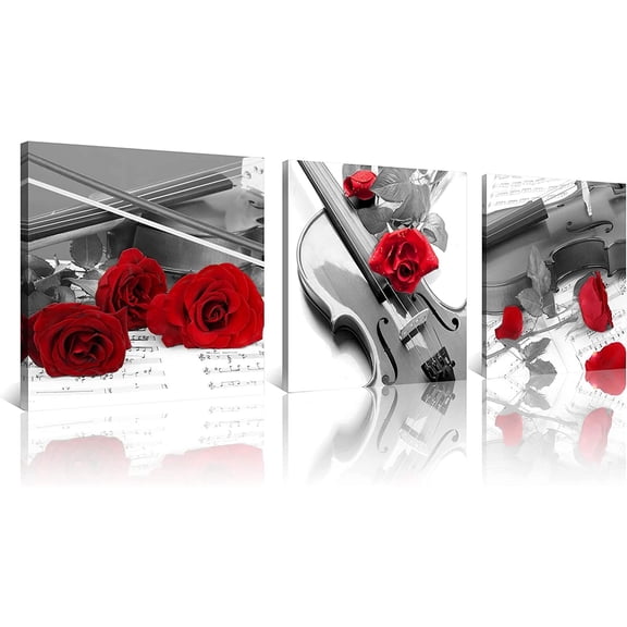 Canvas Print 3 Pcs Black and White Red Rose Canvas Art Painting Abstract Wall Art Decorations Flower Picture on Canvas for Home Decor Stretched and Framed (16X16inchX3pcs, Violin and Rose)