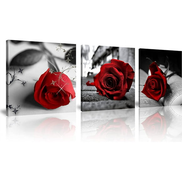 Canvas Print 3 Pcs Black and White Red Rose Canvas Art Painting Abstract Wall Art Decorations Flower Picture on Canvas for Home Decor Stretched and Framed (16X16inchX3pcs, A-Rose)