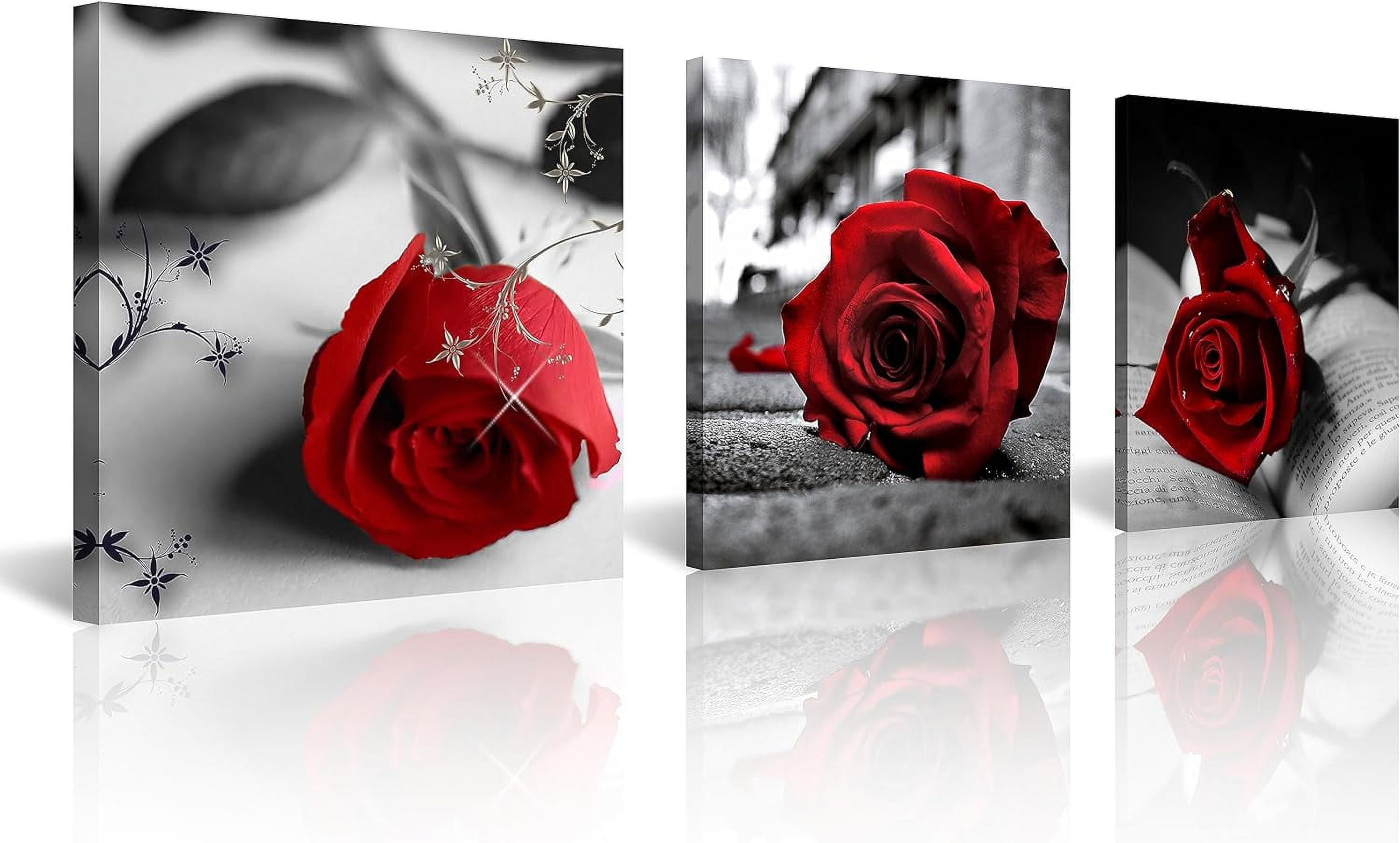 Canvas Print 3 Pcs Black and White Red Rose Canvas Art Painting Red ...