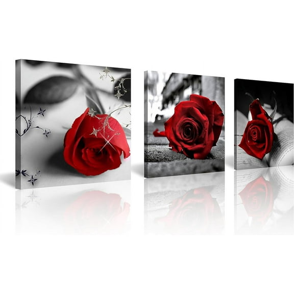 Canvas Print 3 Pcs Black and White Red Rose Canvas Art Painting Red Wall Art Decorations Flower Picture on Canvas for Home Decor Stretched and Framed 3 Panels Ready to Hang 12"x12"