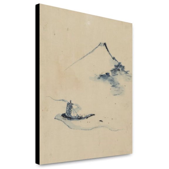 Canvas Print: A Person In A Small Boat On A River With Mount Fuji In The