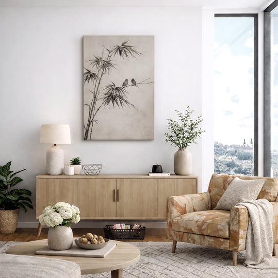 Canvas Print Asian Ink Bamboo with Birds Wall Art Minimalist Oriental Nature Decorative for Living Room Bedroom - 24"x36"