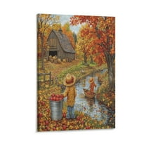 Canvas Print Autumn Cabin Fall Forest Lake Tree Leaves Scarecrow Canvas Wall Art Fall Decor Grateful Thanksgiving Living Room Art 8x12inch Bathroom Decor Wall Art Framed Artwork