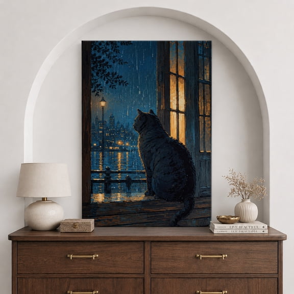 Canvas Print Black Cat City Window Wall Art Animal Decorative for Living Room Bedroom - 12x18 Inches