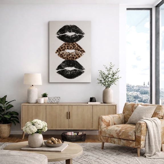 Canvas Print Black and Leopard Pattern Lip Wall Art Fashion Glam Makeup Decorative for Bedroom - 12"x18"