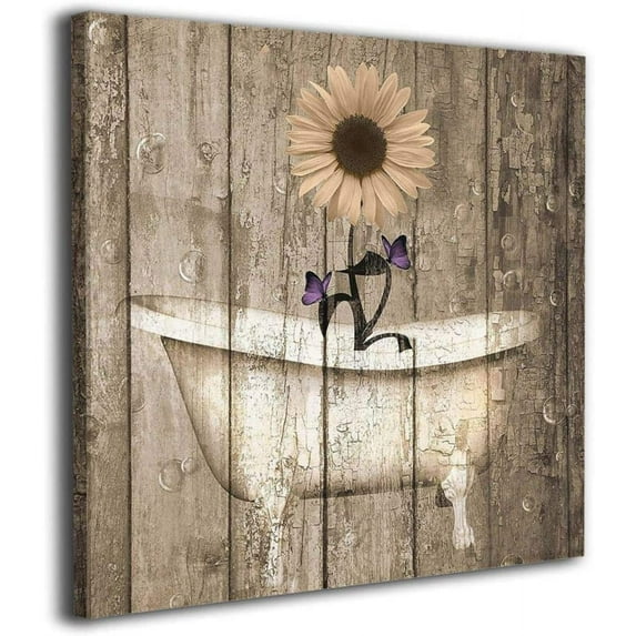 Canvas Print Brown Purple Rustic Sunflower Butterflies Bathtub Vintage Wall Art Contemporary Decorative Picture Paintings Wall Decor for Bathroom Living Room Framed Ready to Hang 12x12 Inches