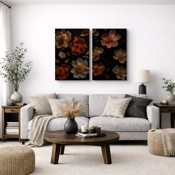 Canvas Print Dark Floral Wall Art Set of 2 Botanical Decorative for Living Room Bedroom - 16"x24" x 2