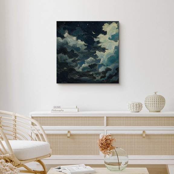 Canvas Print Dramatic Night Clouds Wall Art Moody Artwork Decoration for Living Room Bedroom - 12x12 Inches