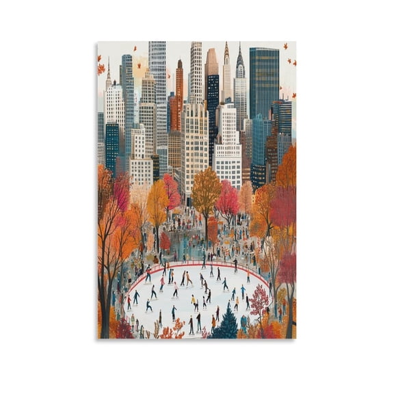 Canvas Print Fall Central Park Autumn Art Skating Artwork Print Painting Hello Autumn Bathroom Wall Art 20x30inch Modern Home Artwork For Bathroom Kitchen Unframed Wall Decor
