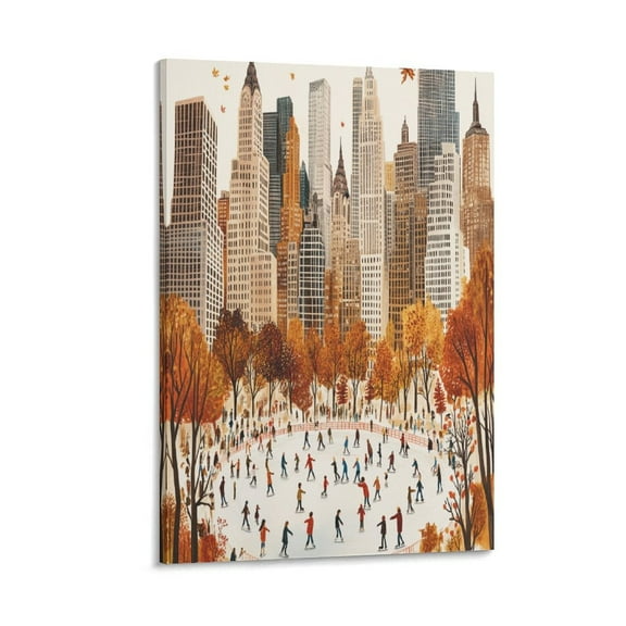 Canvas Print Fall Central Park Autumn Art Skating Wall Art Pictures Autumn Landscape Fall Poster Wall Art Decor Print 8x12inch Artwork for Bedroom Living Room Kitchen Office Framed Artwork