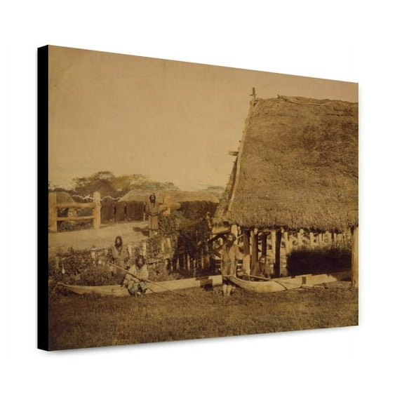 Canvas Print: Four Ainu Men With Two Boats, By Thatched Roof Building, On The