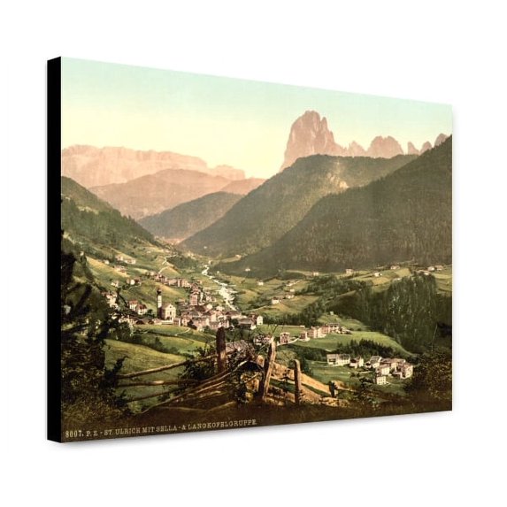 Canvas Print: Grodenthal, St. Ulrich With Sella And Langkoflgruppe, Tyrol