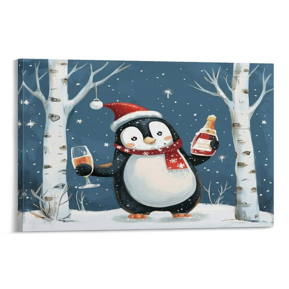 Canvas Print Happy Penguin Merry Christmas Cute Canvas Wall Art Winter Trees Poster Wall Art Decor Print 08x12inch Canvas Wall Art Artwork Wall Art For Kitchen Framed Artwork