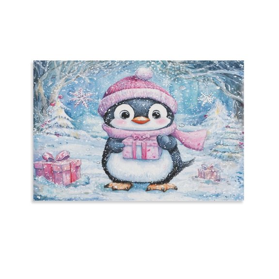 Canvas Print Happy Penguin Merry Christmas Living Room Art Cute Scarf Penguin Decoration Living Room Art 20x30inch for Modern Home Living Room Bathroom No Frame