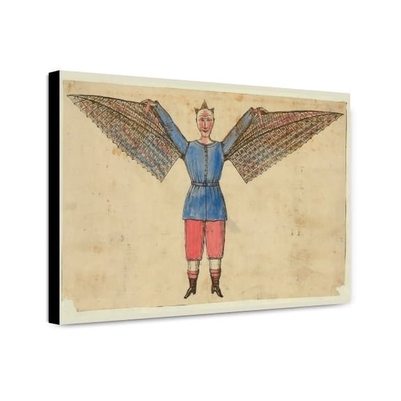 Canvas Print: Humorous Portrayal Of A Man Who Flies With Wings Attached To His
