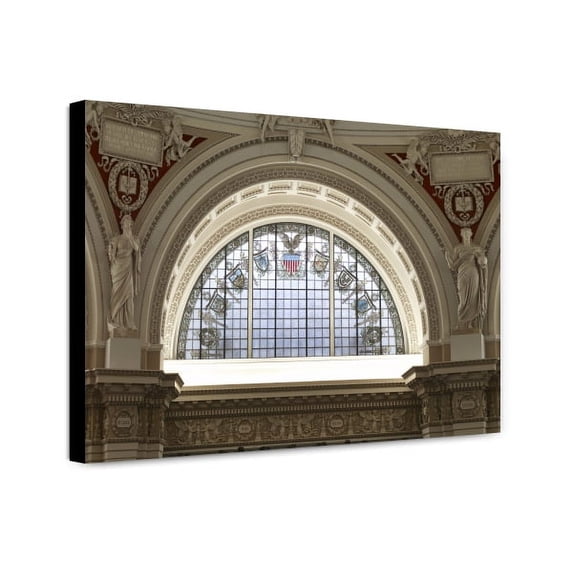 Canvas Print: Main Reading Room. Semi-Circular Stained Glass Window In Alcove By