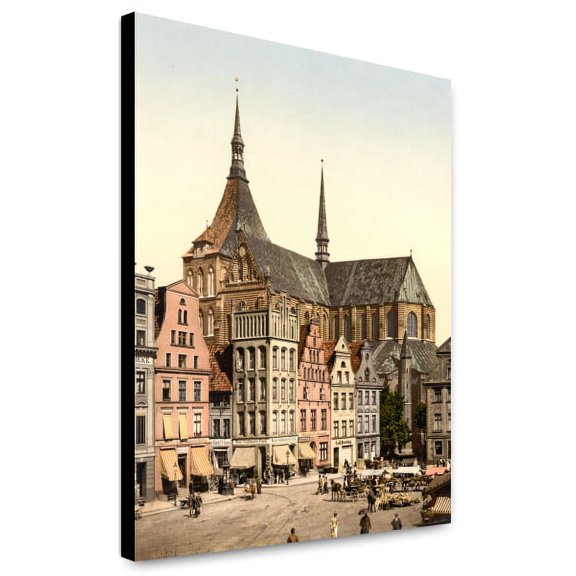 Canvas Print: Market Place And Marien Church, Rostock, Mecklenburg-Schwerin