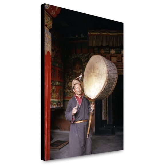 Canvas Print: Monk Playing Large Drum In Monastery, Lachung?, Sikkim, 1971