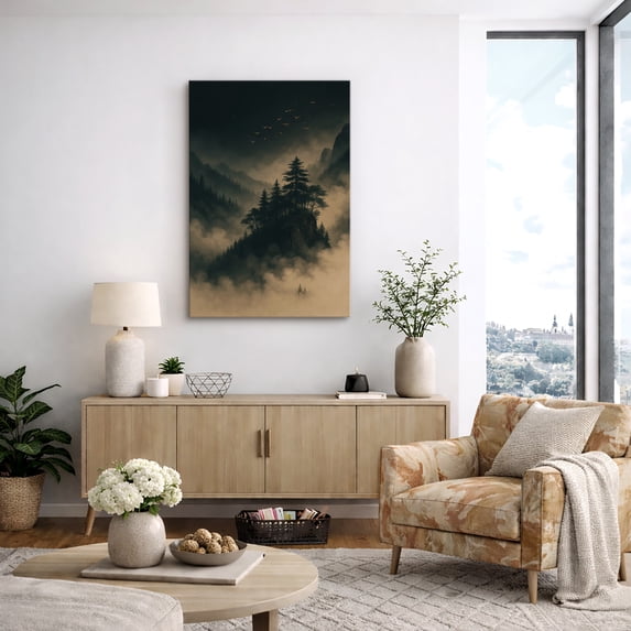 Canvas Print Moody Mountain Forest Wall Art Dark Atmospheric Nature Landscape Decorative for Living Room Bedroom - 24"x36"