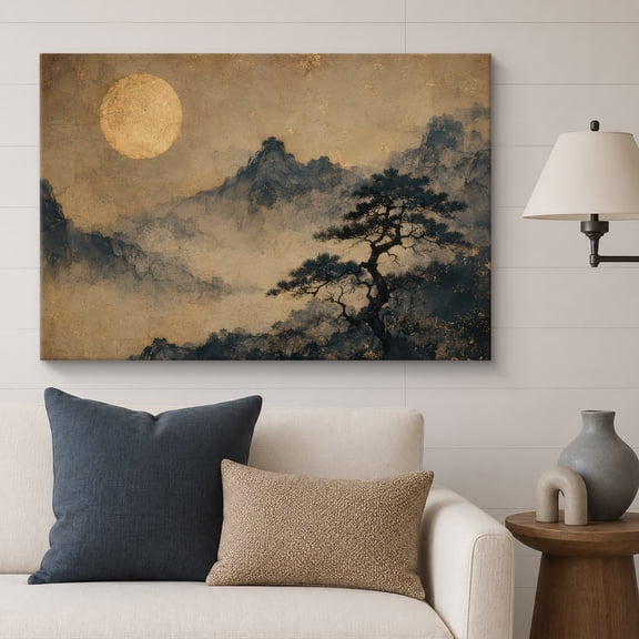 Canvas Print Moonlit Mountain Tree Wall Art Asian Artwork Decoration for Living Room Bedroom - 12x18 Inches