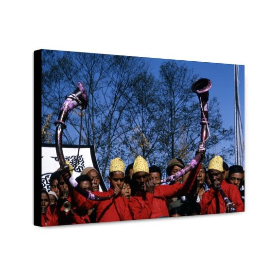 Canvas Print: Nepalese Band Playing Curved Horns At Coronation Of The King Of