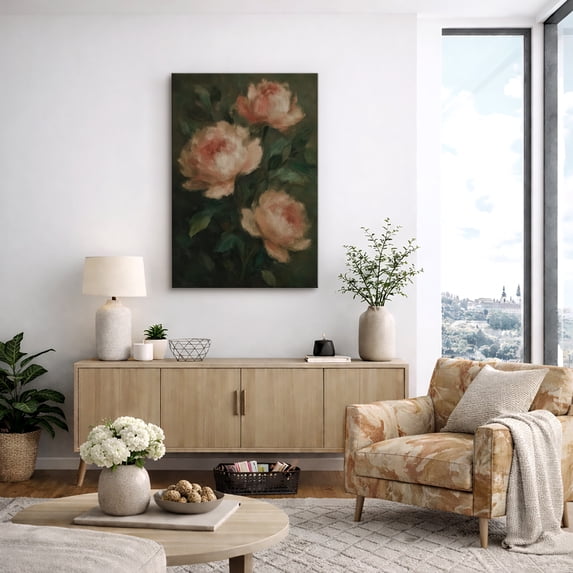 Canvas Print Peony Floral Wall Art Dark Botanical Decorative for Living Room Bedroom - 16"x24"