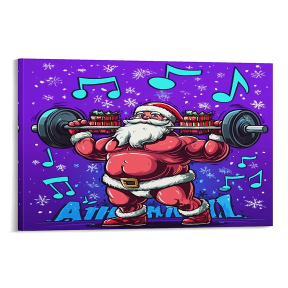Canvas Print Santa Claus Lifting Weights with Gifts Canvas Pictures Wall Art Christmas Holiday Decor Living Room Art 08x12inch Office Home Decorations Family Picture Framed Artwork