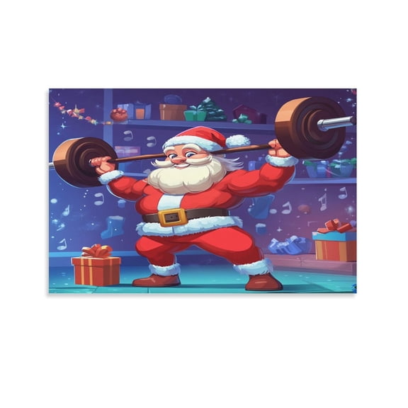 Canvas Print Santa Claus Lifting Weights with Gifts Canvas Picture Christmas Holiday Decor Poster Wall Art Decor Print 12x18inch for Home Office Store Wedding Church No Frame