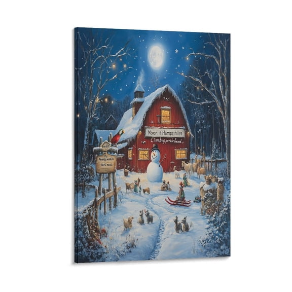 Canvas Print A Snowman with Red Barn Canvas Wall Art Snow Holiday Xmas Outdoor Wall Art for Living Room 16x24inch for Bedroom Kids Room Ready to Hang Wall Pictures Home Decor