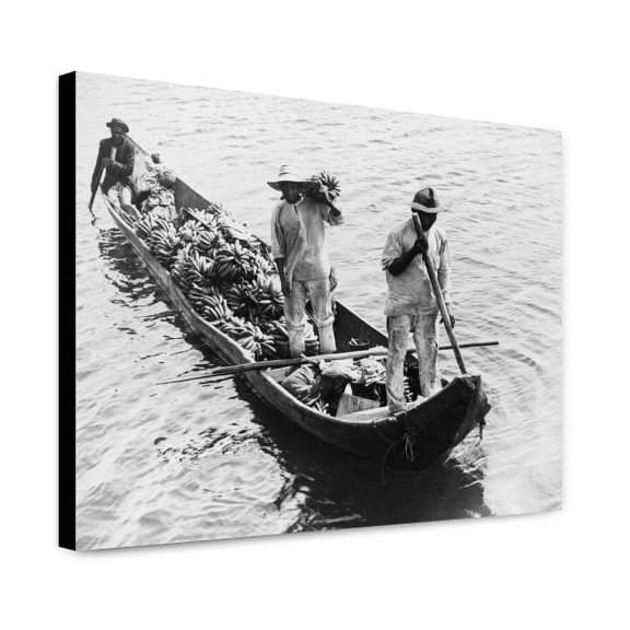 Canvas Print: Three Men In A Boat Transporting Bananas To The City Markets In