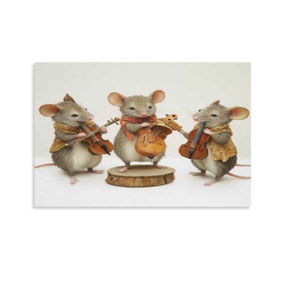 Canvas Print Three Mice Playing Musical Instruments Artwork Print Painting Rat & Musical Instrument Poster Wall Art Decor Print 16x24inch for Modern Home Living Room Bathroom Décor Unframed