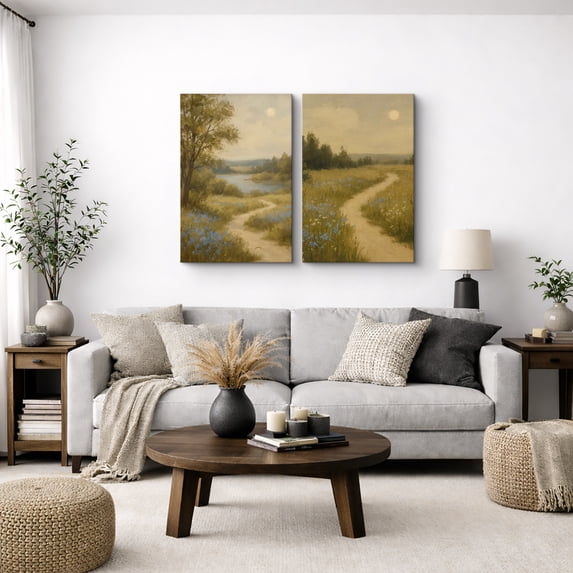 Canvas Print Vintage Country Landscape Wall Art Set of 2 Modern Farmhouse Decorative for Living Room Bedroom - 16"x24" x 2