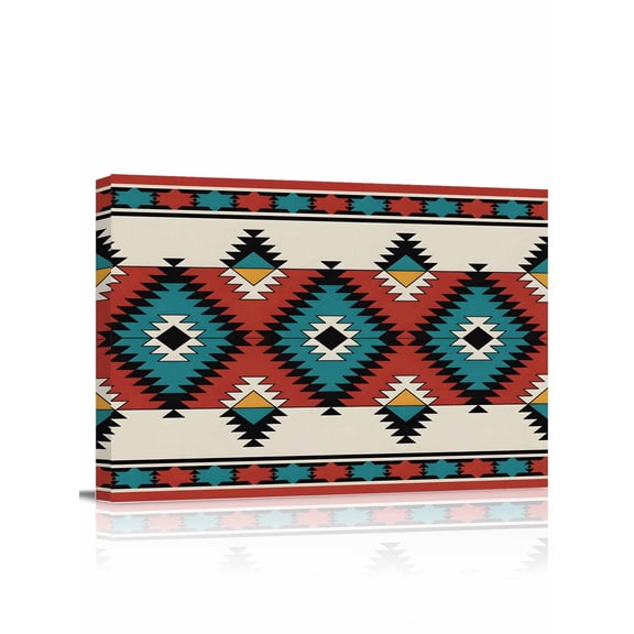Canvas Print Wall Art Aztec Tribe Red Black Blue Rhombus Geometric Pattern Framed Canvas Art Wall Decor Pictures Painting Morden Artwork for Living Room Bedroom, Ready to Hang - 12"x16"