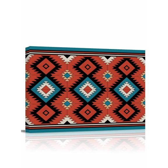 Canvas Print Wall Art Aztec Tribe Red Blue Yellow Abstract Vintage Geometric Framed Canvas Art Wall Decor Pictures Painting Morden Artwork for Living Room Bedroom, Ready to Hang - 12"x16"