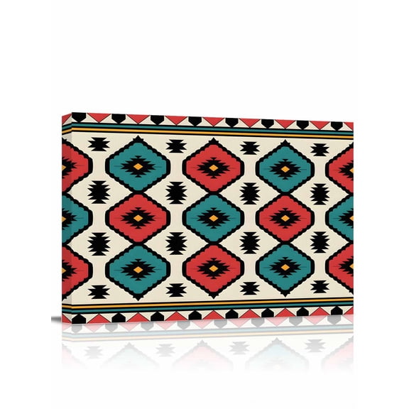 Canvas Print Wall Art Aztec Tribe Red Green Rhombus Geometric Pattern Framed Canvas Art Wall Decor Pictures Painting Morden Artwork for Living Room Bedroom, Ready to Hang - 12"x16"