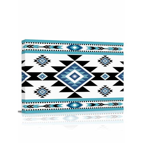Canvas Print Wall Art Blue Black Pattern Retro Bohemian Square Abstract Geometric Framed Canvas Art Wall Decor Pictures Painting Morden Artwork for Living Room Bedroom, Ready to Hang - 12"x16"