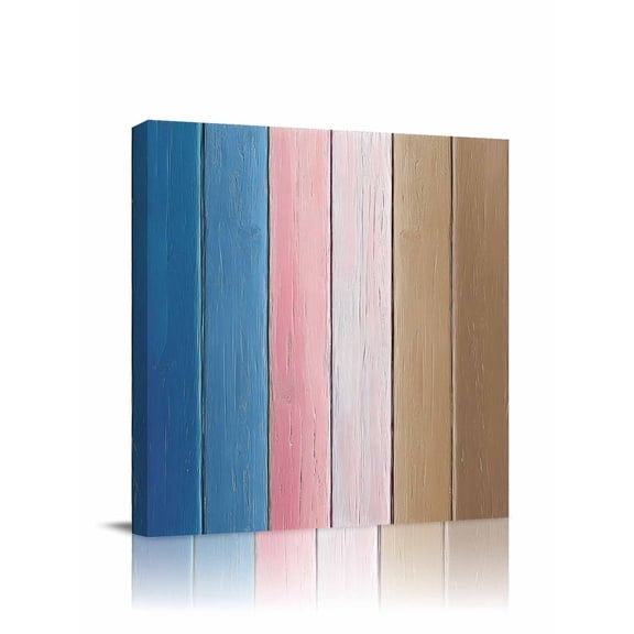 Canvas Print Wall Art Blue Pink Brown Gradient Wood Grain Farmhouse Retro Striped Framed Canvas Art Wall Decor Pictures Painting Morden Artwork for Living Room Bedroom, Ready to Hang, 28"x28"